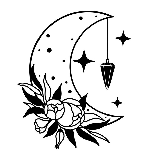 Magic moon with stars, pendulum and flowers on white background. - Вектор,изображение