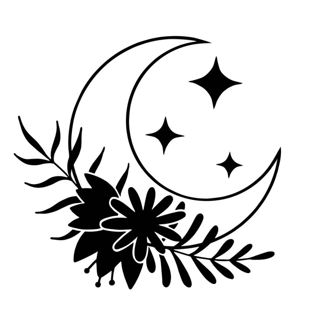 Magic moon with stars and flowers on white background. - ベクター画像