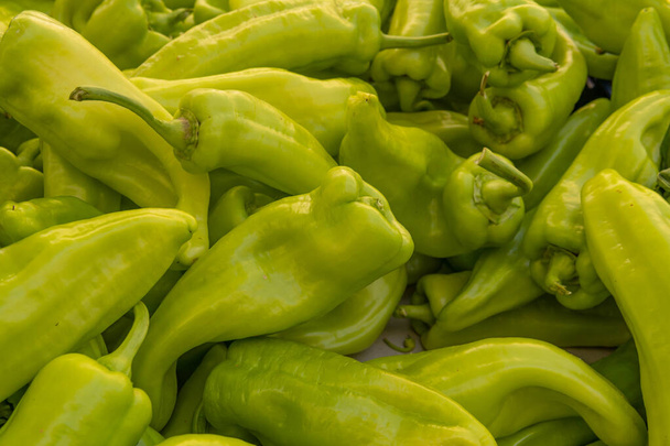 Close-up de pimentas brancas de Maiorca, Cpsicum annum, em um mercado de vegetais e frutas - Foto, Imagem