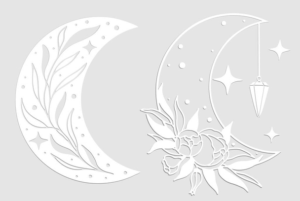 Set of magic white moons with stars and flowers on gray background. - ベクター画像