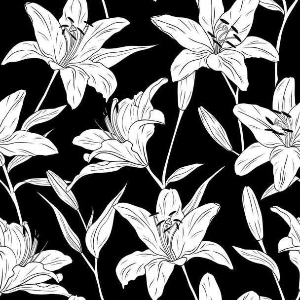 Realistic lilies. Seamless pattern. Flowers, leaves and branches. Hand drawn vector illustration. Line art. Texture for print, fabric, textile, wallpaper. - Vector, Image