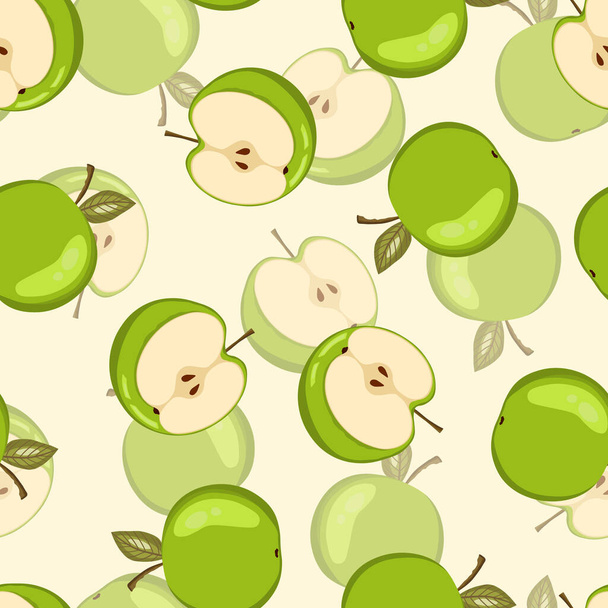 Seamless pattern with apple on white background. Natural delicious fresh tasty fruit. Vector illustration for print, fabric, textile, banner, other design. Stylized apples with leaves. Food concept - Vektor, Bild