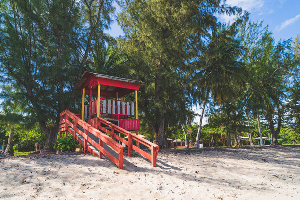 Будиночок "Червоний рятувальник" вздовж берега узбережжя Семи моря у тропічному місті Фахардо - Пуерто - Рико. - Фото, зображення