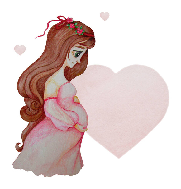 母親。可愛い妊婦さん。ピンクのドレスを着た長い暗い髪をした素敵な未来の母親は、大きな心を背景に彼女の腹を手で抱きかかえています。水彩画。手描き - 写真・画像