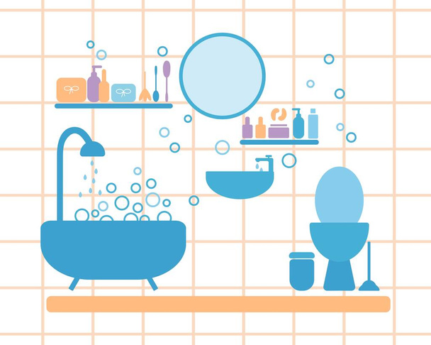 Banheiro interior ilustração vetorial plana. Banho com chuveiro, pia, vaso sanitário, espelho, prateleiras com itens de higiene. - Vetor, Imagem