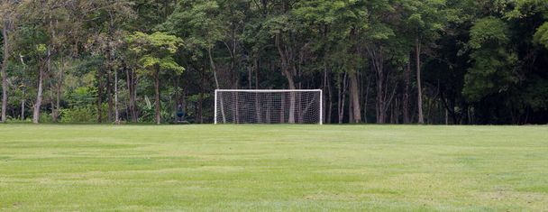 a soccer goal far away in the middle of the green forest with tall trees - Photo, Image