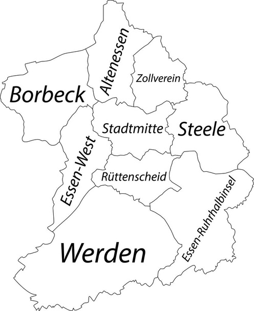 Simple mapa vectorial blanco en blanco con bordes negros y nombres de distritos de Essen, Alemania - Vector, imagen