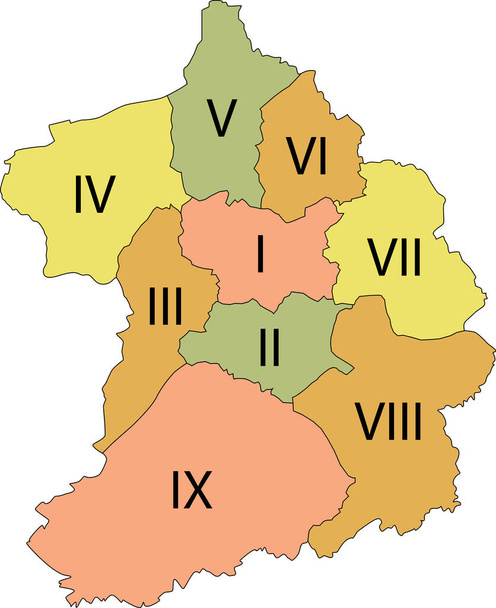 Egyszerű pasztell vektor térkép fekete határokkal és latin számnevekkel Essen, Németország kerületeiben - Vektor, kép