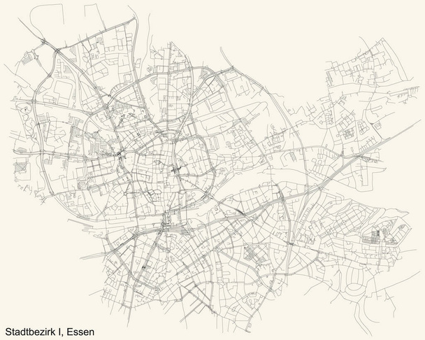Чорна проста детальна дорожня карта на вінтажному бежевому тлі кварталу Stadtbezirk I (Stadtmitte-Frillendorf) району Ессен, Німеччина. - Вектор, зображення