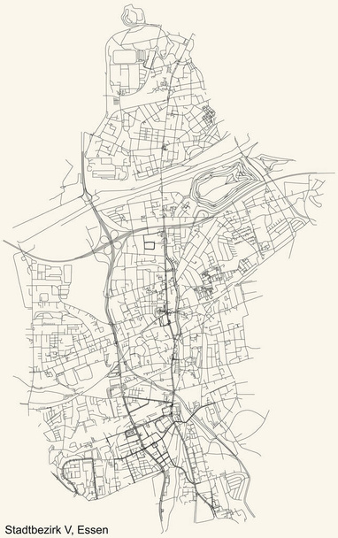 Černá jednoduchá podrobná mapa ulic na vinobraní béžové pozadí čtvrti Stadtbezirk V (Altenessen-Karnap-Vogelheim) okres Essen, Německo - Vektor, obrázek