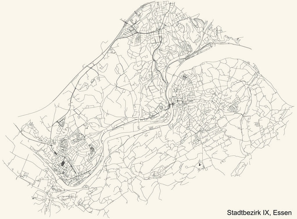 Μαύρο απλό λεπτομερές οδικό χάρτη σε vintage μπεζ φόντο της συνοικίας Stadtbezirk IX (Werden-Kettwig-Bredeney) περιοχή του Έσσεν, Γερμανία - Διάνυσμα, εικόνα