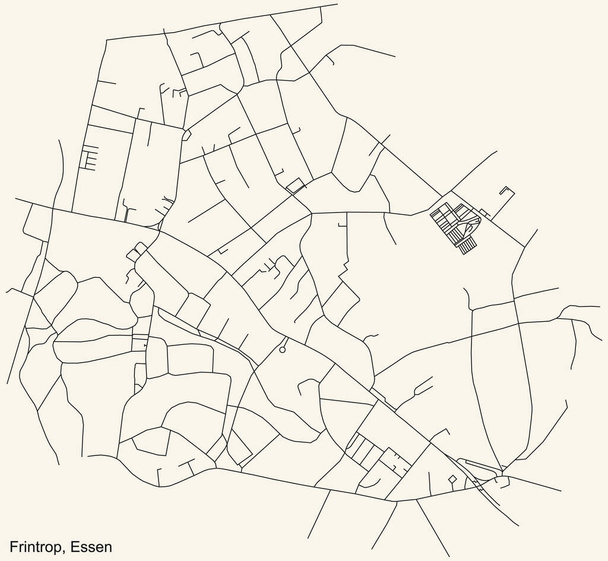 Negro simple y detallado mapa de carreteras en el fondo beige vintage del barrio Frintrop Stadtteil de Essen, Alemania - Vector, Imagen
