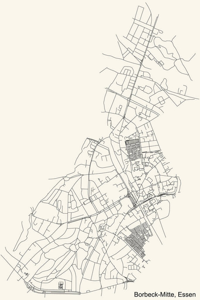 Czarna prosta szczegółowa mapa ulic na beżowym tle kwartału Borbeck-Mitte Stadtteil w Essen, Niemcy - Wektor, obraz
