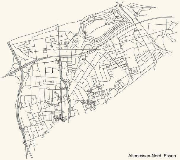 Negro simple mapa de carreteras de calle detallado en el fondo beige vintage del barrio Altenessen-Nord Stadtteil de Essen, Alemania - Vector, imagen