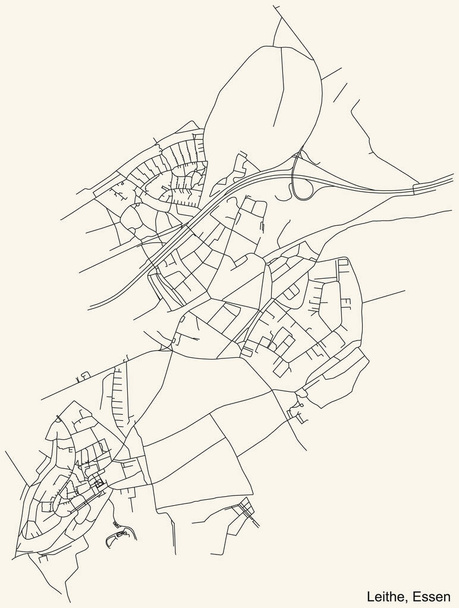 Czarna prosta szczegółowa mapa ulic na beżowym tle kwartału Leithe Stadtteil of Essen, Niemcy - Wektor, obraz