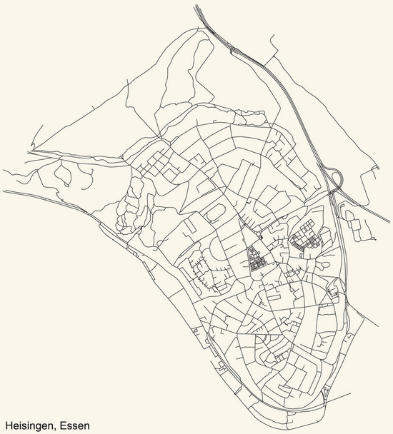 Czarna prosta szczegółowa mapa ulic na beżowym tle kwartału Heisingen Stadtteil of Essen, Niemcy - Wektor, obraz