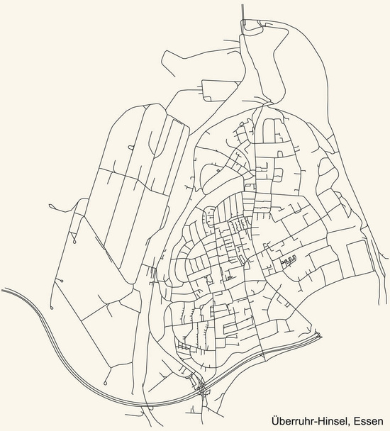 Negro simple y detallado mapa de carreteras en el fondo beige vintage del barrio berruhr-Hinsel Stadtteil de Essen, Alemania - Vector, Imagen