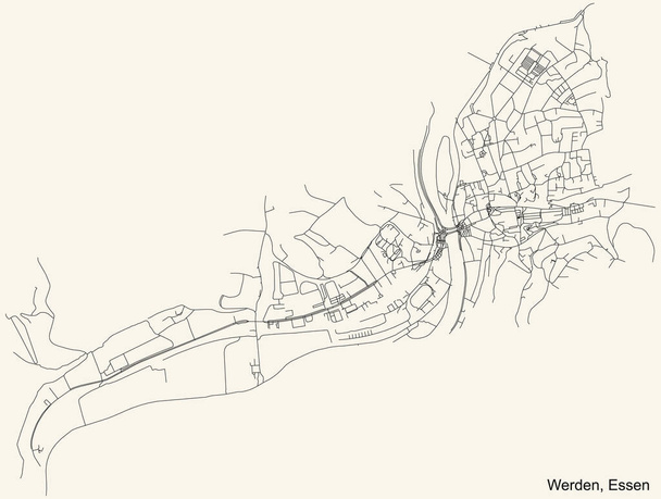 Schwarze, einfache, detaillierte Straßenkarte auf beigem Hintergrund des Essener Stadtteils Werden - Vektor, Bild