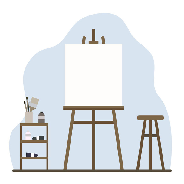Canvas on an easel, a table with brashes and paint, a chair. Studio and workplace for artist. Flat minimal vector illustration. Room in classic interior. - Vector, Image