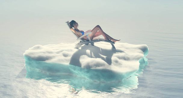 Woman tanning on iceberg . This is a 3d render illustration .  - Foto, Bild