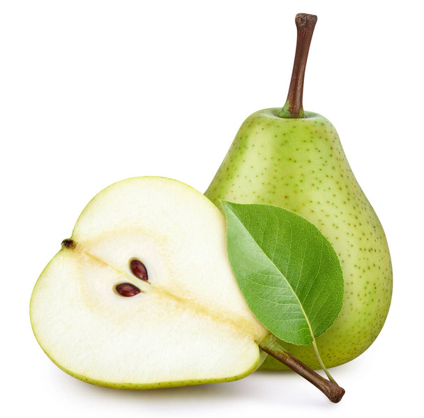 Pear fruit with pear leaf isolated on white background. Pear clipping path. Professional studio macro shooting - Foto, immagini
