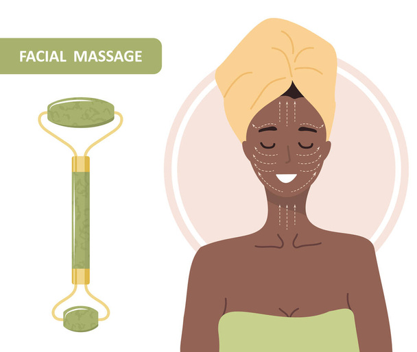 Rullo facciale di giada. Massaggio cinese gua sha. Ritratto donna africana con schema di massaggio linfatico. Concetto cinese di cura della pelle. La routine mattutina. Illustrazione vettoriale in stile fumetto piatto - Vettoriali, immagini