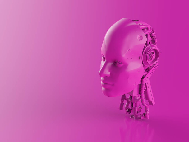 3D vykreslování jednobarevné neon růžové ai robot na neon růžové pozadí - Fotografie, Obrázek