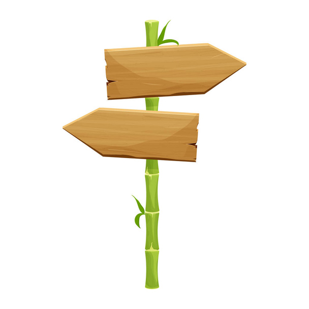 Panneau en bois, déviation avec des bâtons de bambou vert avec des feuilles, cadre vide en style dessin animé isolé sur fond blanc. Objet texturé, ui asset. - Vecteur, image