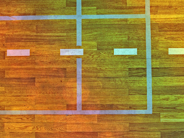 Λευκές γραμμές σε ξύλινο πάτωμα στο γυμναστήριο του γυμναστηρίου. Περίληψη. - Φωτογραφία, εικόνα