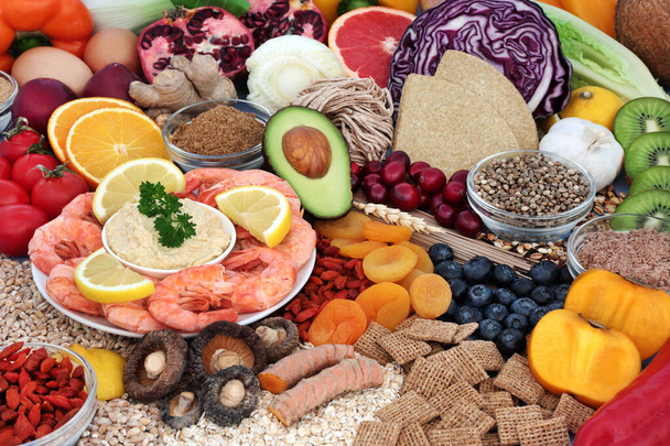 Health food for low cholesterol & low blood pressure diet high in antioxidants, protein, omega 3, vitamins, minerals, anthocyanins & fibre. Healthcare concept with large food collection. - Photo, Image