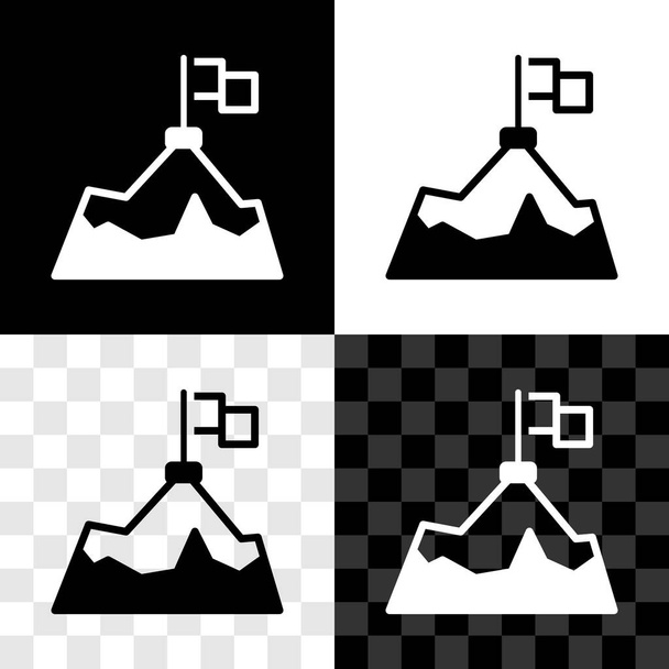 Setzen Sie Berge mit Flagge auf dem oberen Symbol isoliert auf schwarz-weißem, transparentem Hintergrund. Symbol für Sieg oder Erfolg. Zielerreichung. Vektor - Vektor, Bild
