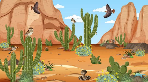 Paisaje del bosque del desierto durante el día con animales del desierto e ilustración de plantas - Vector, Imagen