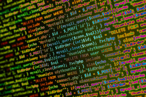 Πρότυπο ανάπτυξης λογισμικού. Οθόνη προγραμματιστών με κώδικα γλώσσας php. Τεχνολογία οθόνης ταμπλέτας closeup.  - Φωτογραφία, εικόνα