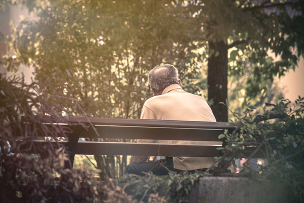 starszy mężczyzna sam na ławce, widok z tyłu samotny starzec w parku - Zdjęcie, obraz