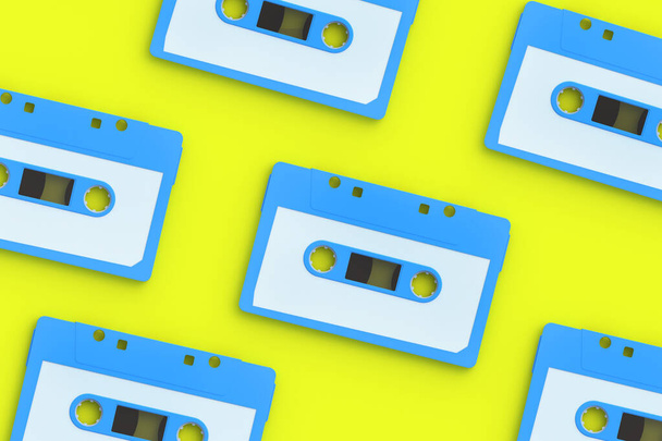 Rijen van vintage audiocassettes tape van blauwe kleur op gele achtergrond. Muziekopslag. Retro patroon. 3d renderen - Foto, afbeelding