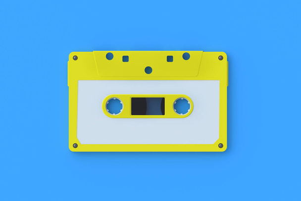 Single vintage audio cassette tape of yellow color on blue background. Music storage. Retro cartridge. 3d render - Foto, Imagen