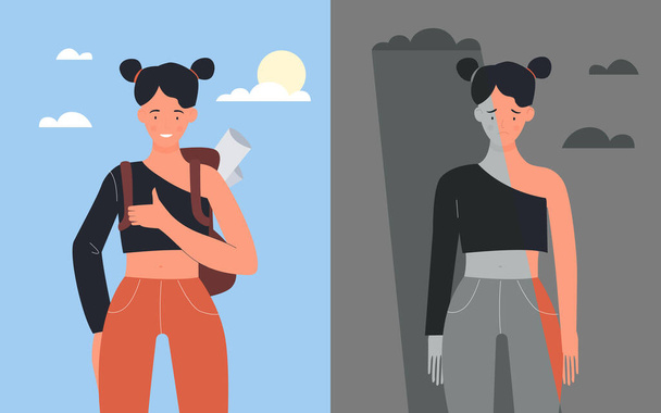 Good and bad mood of girl student, happy positive female character, unhappy sad woman - Vector, Image