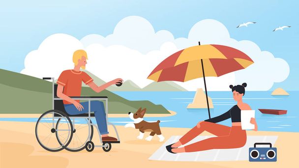 Άτομα ζευγάρι με κατοικίδιο ζώο στις καλοκαιρινές διακοπές στην παραλία, άτομο με ειδικές ανάγκες σε αναπηρικό αμαξίδιο σκυλί κατάρτισης - Διάνυσμα, εικόνα