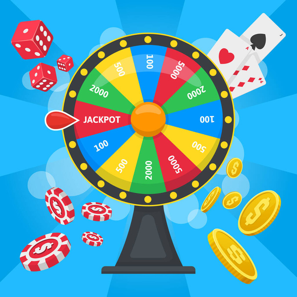 Fortune wheel concept. Casino lucky wheel game, gambling fortune wheel with dice, cards, and chips vector background illustration. Lottery spinning wheel poster - Vector, Image