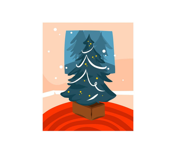 Handgezeichnete Vektor abstrakten Spaß Aktien flache Frohe Weihnachten und Frohe Neues Jahr Cartoon festliche Karte mit niedlichen Illustrationen von großen geschmückten Weihnachtsbaum drinnen isoliert auf weißem Hintergrund - Vektor, Bild