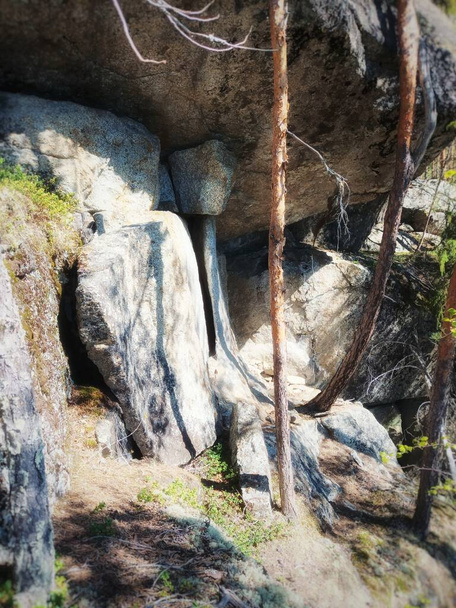 Bord rocheux ensoleillé dans une forêt suédoise. - Photo, image