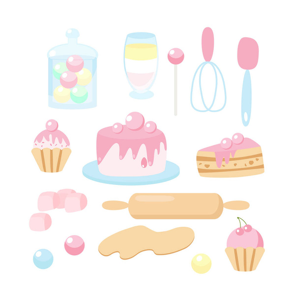 A set of kitchen items and sweets in a cartoon children's style. Cake, candy jar, whisk, silicone spatula, rolling pin, dough, marshmallows, muffins and muffins, sour cream dessert, pastel jelly.  - Vector, Image