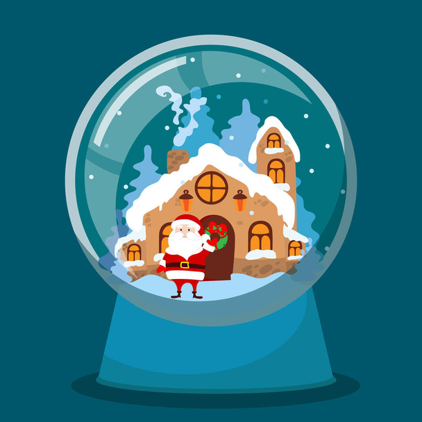 Gläserne Schneekugel mit dem Weihnachtsmann drinnen und seinem Haus. Cartoon Vektor Illustration für Weihnachtsgrußkarten. Es gibt einen Platz für Ihren Text. - Vektor, Bild