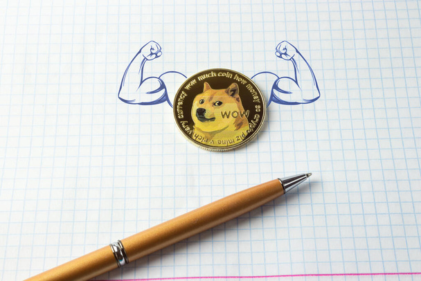Strong dogecoin in close-up on the background of a sheet of paper, light background - Photo, Image