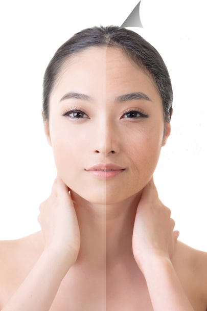 gezicht van mooie Aziatische vrouw vóór en na retoucheren - Foto, afbeelding