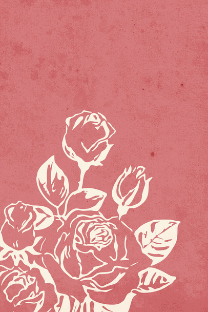 Modern mid-century botanical illustration. Fashionable contemporary design. Futuristic wall decor. Bouquet of roses on a pink background. - 写真・画像