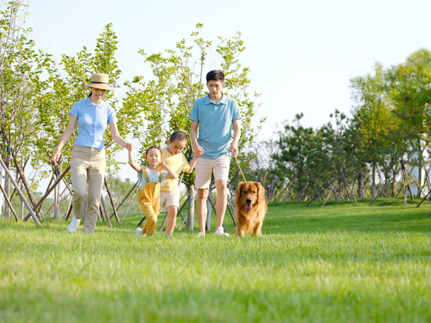 Happy family of four walking dogs in the park - Photo, Image