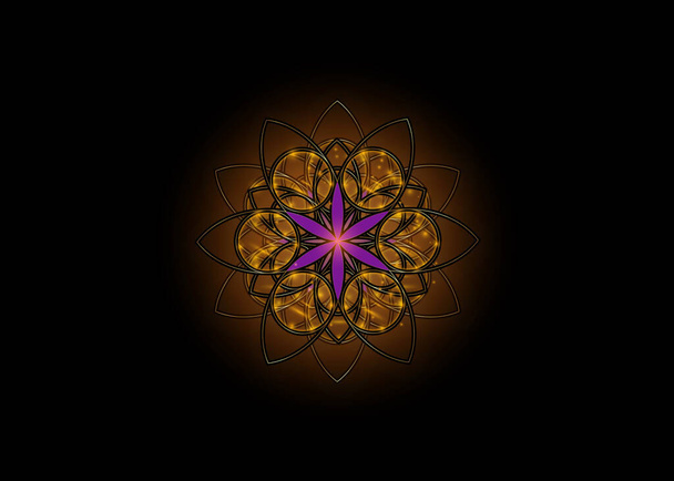 Símbolo da Flor da Vida Geometria Sagrada. Ouro luxo logotipo ícone redondo geométrico místico roxo lótus mandala alquimia esotérica semente da vida. Vetor divino amuleto meditativo isolado sobre fundo preto - Vetor, Imagem