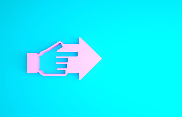 Mano rosa con dito puntato con icona a freccia isolata su sfondo blu. Visione aziendale e target. Concetto finanza aziendale, carattere, leader. Concetto minimalista. Illustrazione 3d rendering 3D - Foto, immagini