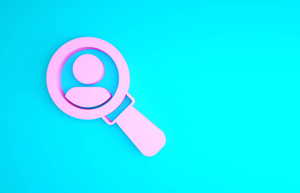 Pink Magnifying glass for search a people icon isolated on blue background. Conceito de recrutamento ou seleção. Procure empregados e trabalho. Conceito de minimalismo. 3D ilustração 3D render - Foto, Imagem